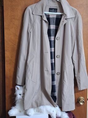 London Fog Beige Trench Coat with Navy Plaid Lining